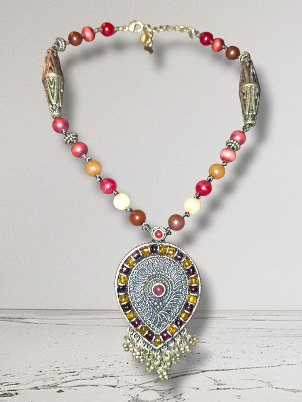 Signed Tribal Wood Red Brown beaded necklace Stamp 10 Medallion